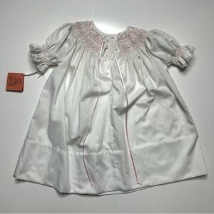 New White And Pink Hand Smocked Floral Baby Dress Size 4 Great Condition